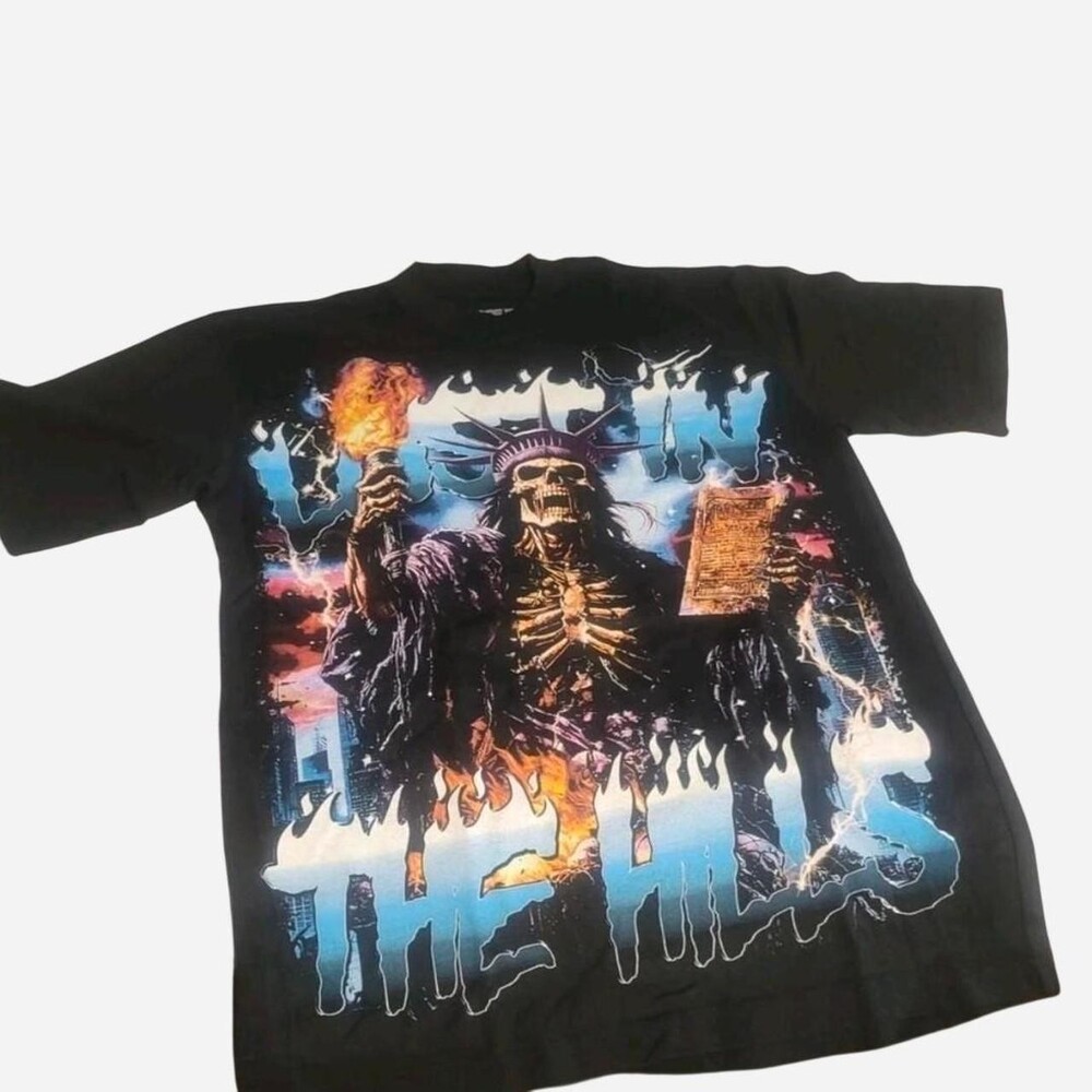 Lost in the Hills black cotton t-shirt with blue stylized logo and 'LOST IN THE